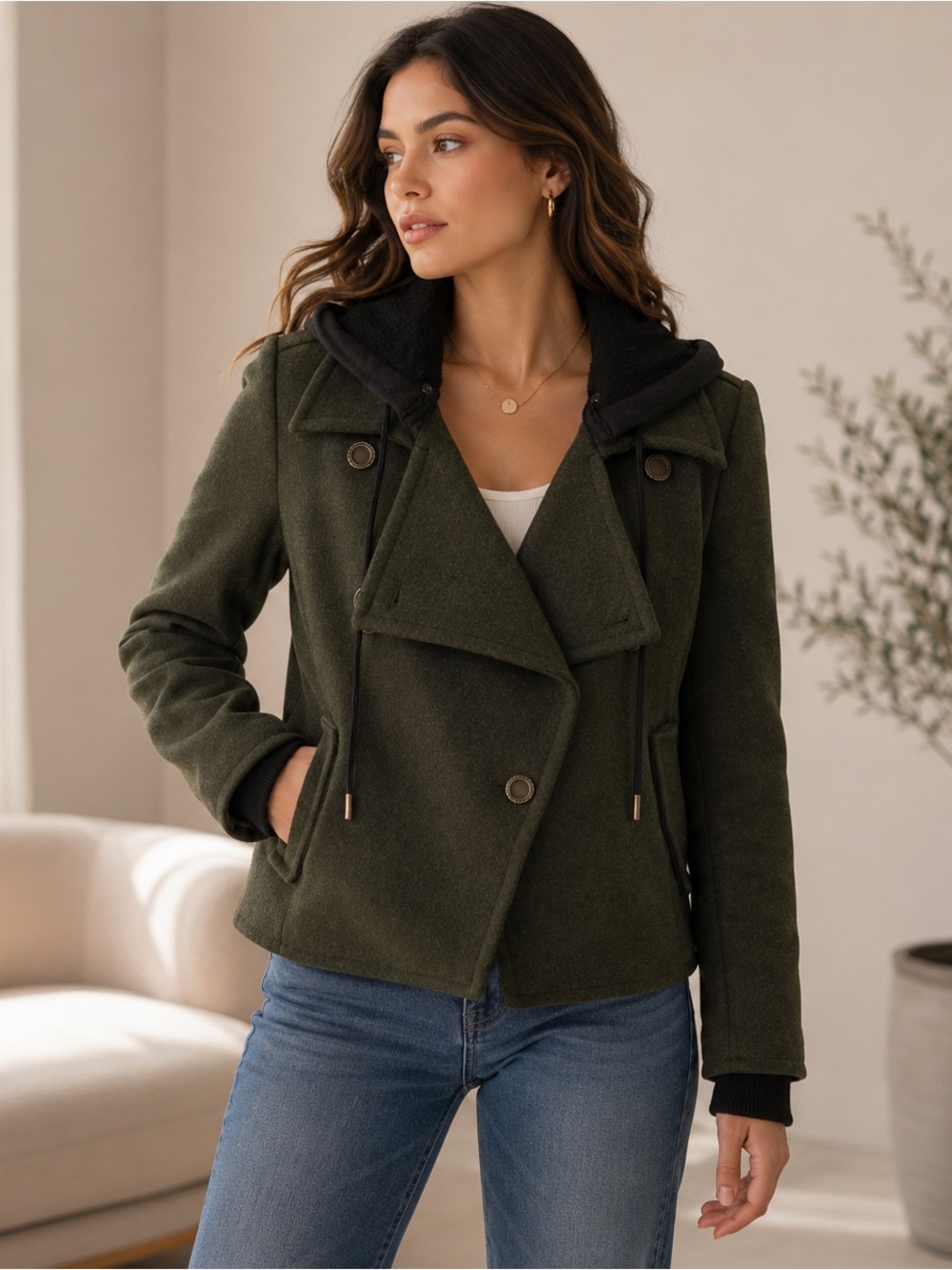 Bagatelle Cropped Pea Coat XS Green Wool Blend Removable Hood Short Jacket EUC